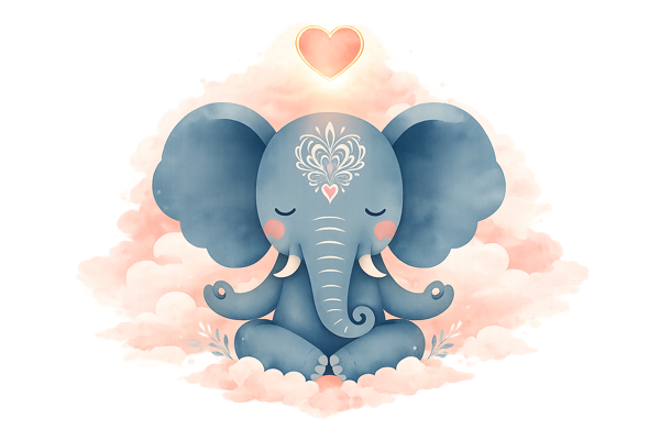 Fil, the calm elephant — meditating with a glowing heart, representing your higher self